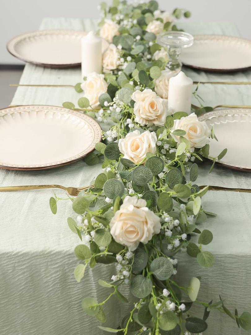 Anna's Whimsy 5.91FT Artificial Eucalyptus Greenery with Flowers, Fake Rose Gypsophila for Wedding Spring Home Party Decor (Champagne)
