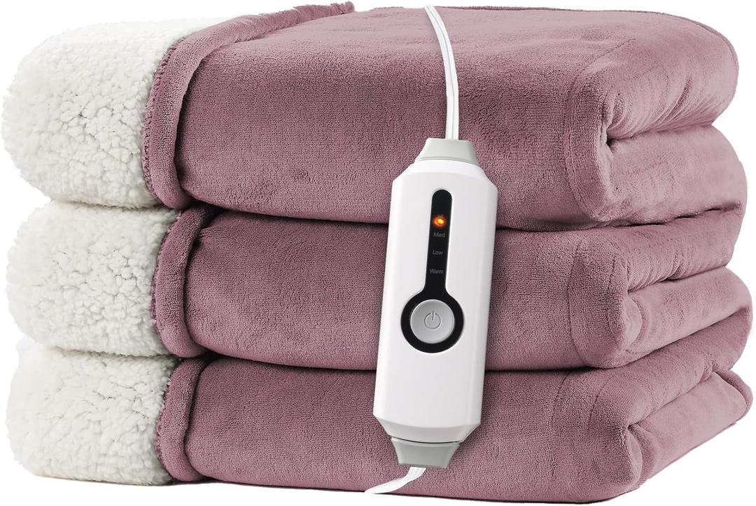 RALYSUN Electric Heated Blanket Twin Size 62"x84" - Dual-Sided with Microplush & Sherpa Fabric, 4 Heat Settings & 10 Hours Auto Off, Machine Washable - Berry