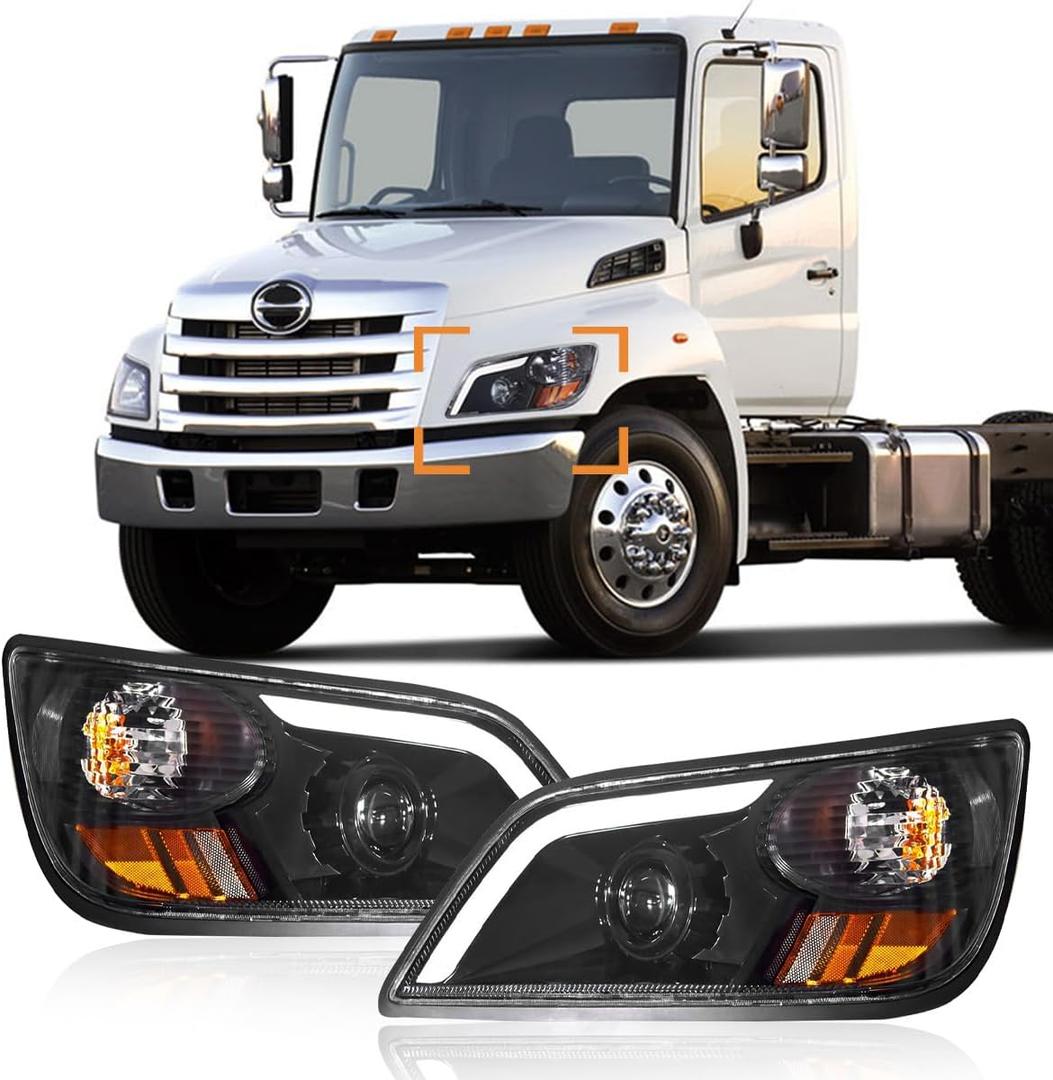 Headlight Assembly fit for 2011+ Hino 238 258 268 338 Truck Left Driver and Right Passenger Side Black Housing Headlamp (with LED,Lens) (Pair)