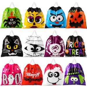 HOIIOH 96 Pcs Halloween Goodie Bags Bulk, 12 Designs 6x6 Inch Mini Drawstring Treat Bags for Kids, Trick or Treat Party Favors, Classroom Prizes Halloween Supplies