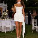 Women Satin Corset Prom Dresses Strapless Formal Evening Gown Cocktail Party Mini Dress with Scarf (White, L)