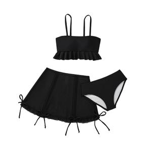 Girls Bathing Suit 3 Piece Set Ruffle Cami Tankini Top with Swim Skirt and Bikini Bottom, Cute Girls Swimwear for Pool Beach Vacation, Black, Ages 15-16 Years (Black)