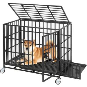 36 Inch Heavy Duty Dog Crate with Wheels, Escape Proof Metal Kennel with 3 Doors & Removable Tray for Large Medium Dogs, Black