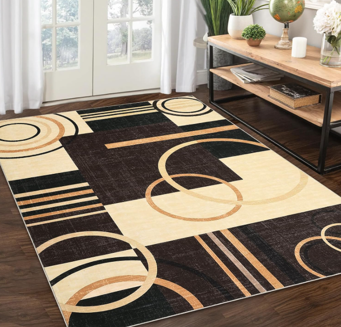 RUGSREAL Large Area Rug 8x10 Modern Geometric Entryway Low Pile Thin Non Slip Throw Foldable Accent Indoor Floor Cover for Bedroom, Brown