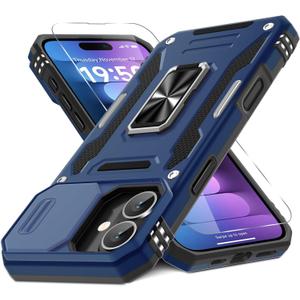 DEERLAMN Case for iPhone 16 Plus with Slide Camera Cover+Screen Protector (1 Pack), Rotated Ring Kickstand Military Grade Shockproof Protective Cover-Navy Blue