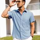 Alimens & Gentle Mens Linen Shirts Short Sleeve Button Down Shirts Wrinkle Free Casual Vacation Beach Summer Tops,Sky Blue,M