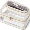 Travel Clear Makeup Bag with Makeup Brush Bag, Leather Make up Case Toiletry Bag, Portable Cosmetic Bag Case, Transparent Waterproof Cosmetic Organizer Storage Bag for Women, Off-White