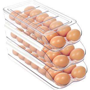 Egg Holder for Fridge, Automatic Rolling Egg Organizer for Refrigerator, Clear Plastic Egg Container & Tray, Stackable Dispenser and Storage Bin with Sturdy Lid to Saving Space -3 Layer