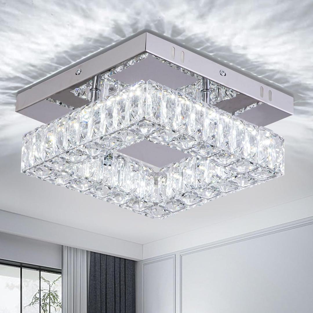 9.8" Mini Modern Crystal Chandeliers Square Flush Mount Ceiling Light LED Chandelier for Hallway Kitchen Foyer Dining Room 18 W 6000K Cool White