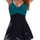 Blooming Jelly Womens One Piece Swimsuit Tummy Control with Cutout Skirt Bathing Suit Modest Twist Front Swim Dress (X-Large, Black and Blue Green)