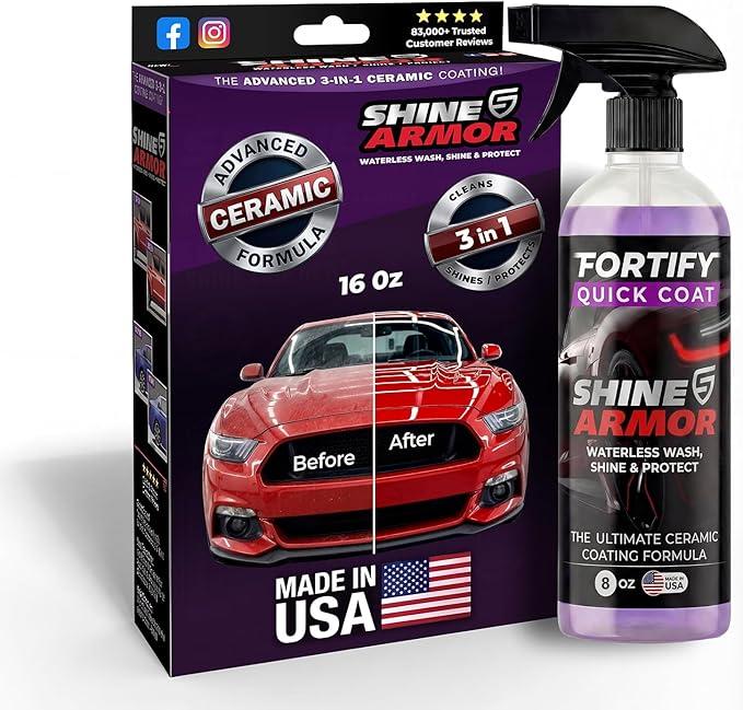 Car Wax Spray and Ceramic Coating for Cars  3 in 1 Waterless Car Wash and Detailing  Quick Effect Coating Agent for Car  High Gloss Top Coat, Shiny Car Stuff by Shine Armor  Protective Wax 16FlOz