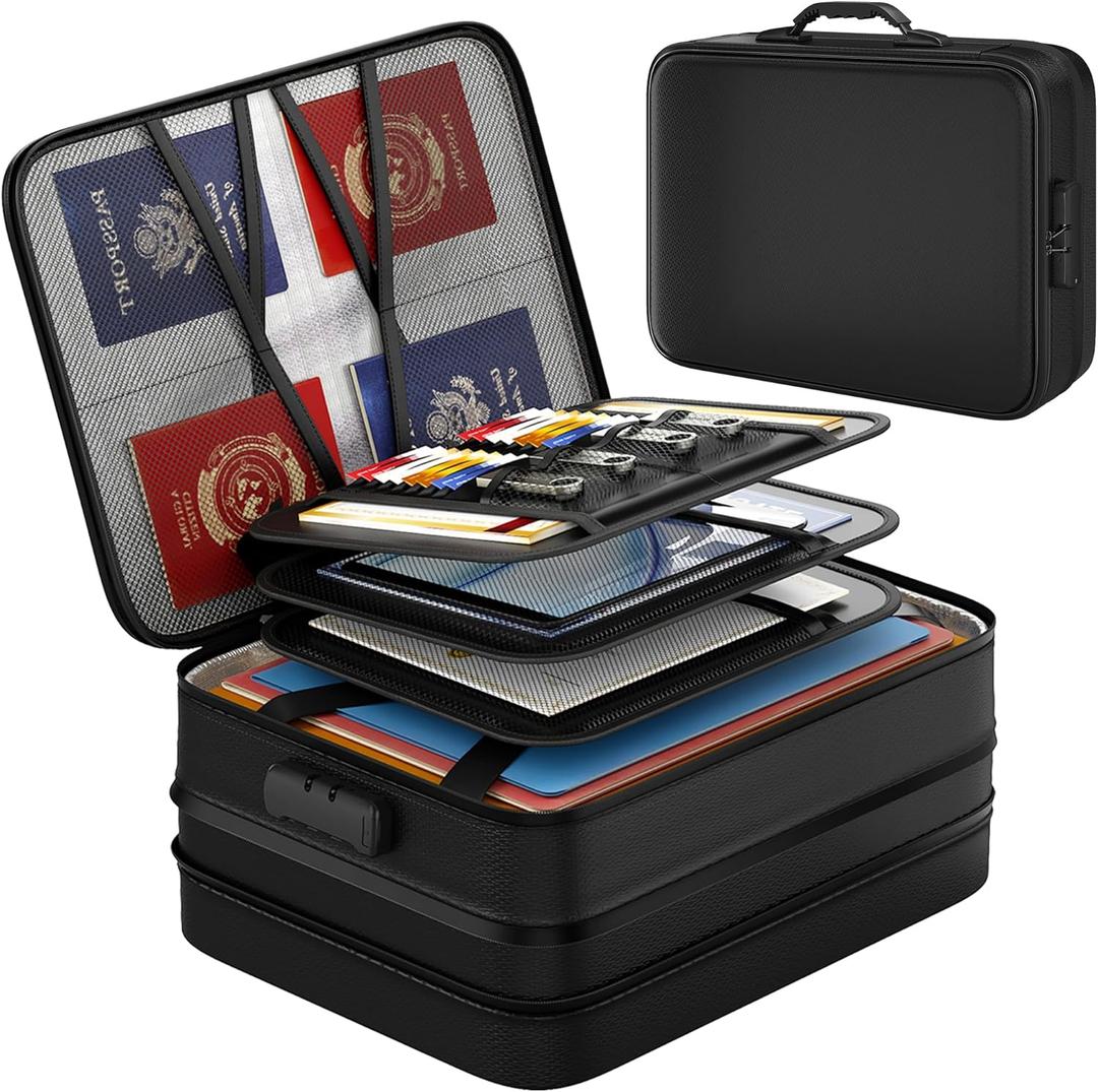 Nacial 5200 Fireproof Document Box with Lock, Expandable Document Organizer, Heat Insulated Fireproof Waterproof Box for File Storage, Portable Sturdy Handle for Important Documents Home Travel (Black)