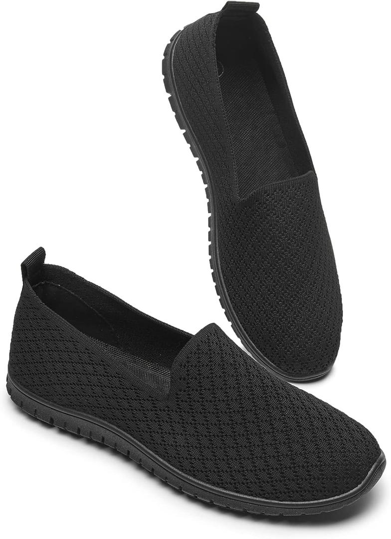 BABUDOG Women's Mesh Flats Shoes Breathable Slip on Shoes Casual Black and White Flats Comfortable Walking Shoes (9.5)