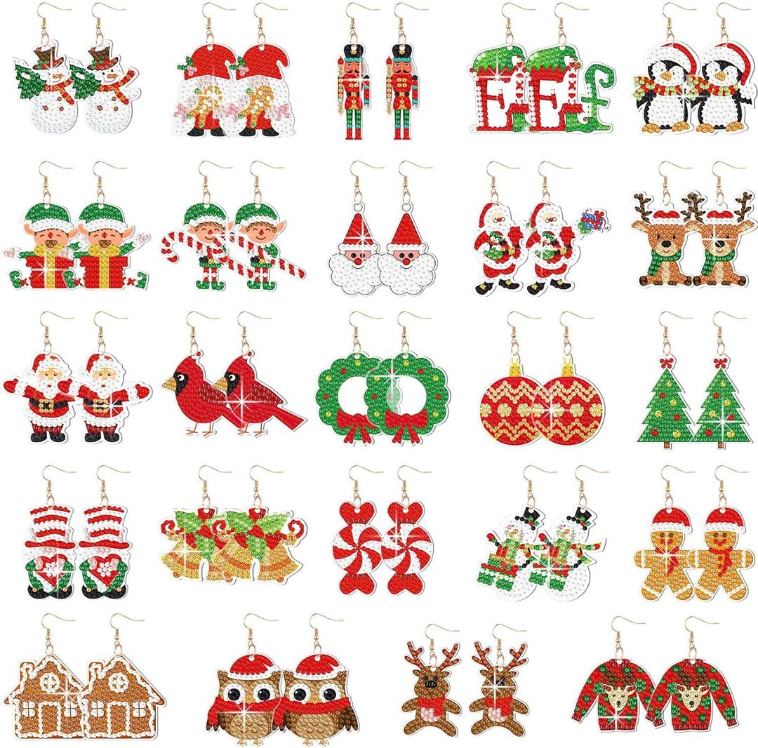 Siifert 24 Pairs Christmas Diamond Painting Earrings DIY Earring Making Kit Diamond Art Earrings Jewelry Making Kit for Adults Vintage Jewelry Crafting Charms Bulk with 6 Tools for Women(Red)