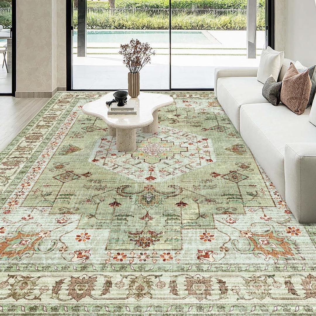 Washable Boho Area Rug 8'10' Green Brown Large Living Room Rug Non-Slip Indoor Decor Soft Oriental Vintage Bedroom Carpet Dining Room Nursery Home Office