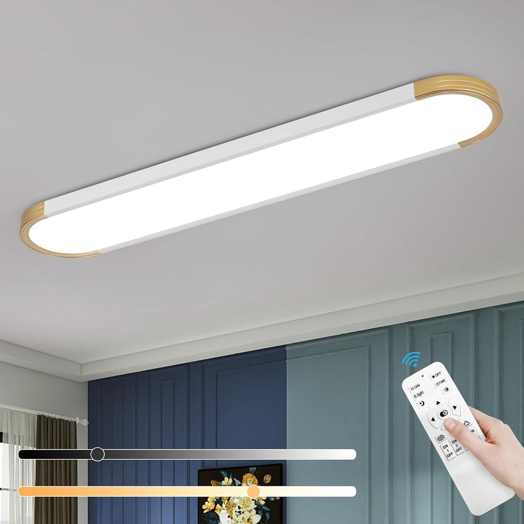 ADISUN Modern LED Ceiling Light Dimmable Linear Ceiling Light 39.4in Semi Flush Mount Long Lights with Remote Control and Down Lighting for Living Room Kitchen Dining Room White & Gold, 1 Pack