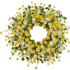 LSKYTOP 24Inches Artificial Yellow Daisy Wreath with Green Eucalyptus Leaves and Lavender Spring Summer Wreath for Front Door Wall Decor