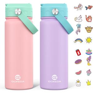 GoKEDA 18oz Kids Water Bottle, 2 Pack Insulated Bottles with Stickers, 18/8 Stainless Steel Vacuum Leak Proof Straw Cup for School, Gifts for Girls(Pink, Purple)