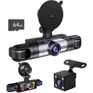 Dash Cam Front and Rear, 1080P Dash Camera for Cars, 4 Channel Car Camera (Front/Rear/Inside*2) with 64GB Card, Loop Recording, Night Vision, HDR, G-Sensor, Reversing Image Assist, Support 256 GB Max