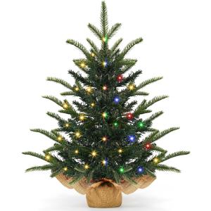 [ 12 Modes & Timer] 24 Inch Realistic Tabletop Christmas Tree Small Christmas Tree with 50 Warm White & Colored Lights Battery PE&PVC Branches Burlap Base Indoor Home Table Christmas Decorations (Dark Green)