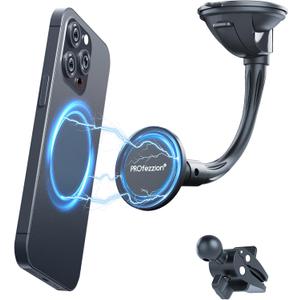 PROfezzion Suction Cup & Vent Clip Combo Magnetic Phone Holder Compatible with MagSafe on Car Windshield, Dash or Vent for iPhone 17 16 15 14 13 12 Pro Max, Mag-Safe Case & All Phones [Aluminum Rod]