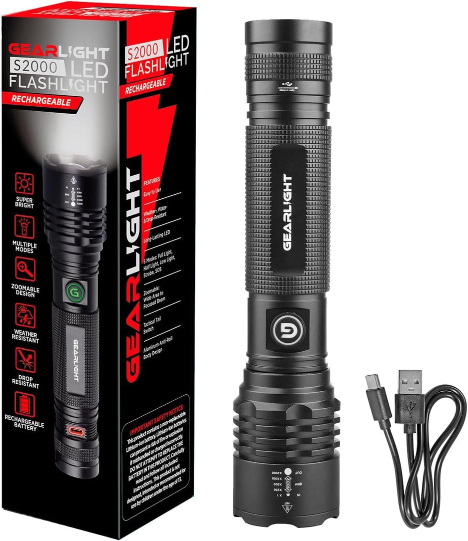 GearLight S2000 LED Rechargeable Flashlight High Lumens - Super Bright, Powerful, Mid-Size Tactical Flashlight for Outdoor Activity & Emergency Use (1 Pack, (Rechargeable))