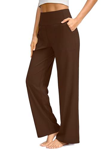 Soothfeel Wide Leg Pants for Women Petite/Regular/Tall High Waist Stretch Yoga Work Dress Lounge Sweatpants with Pockets 30"(Fudge Coffee, S)