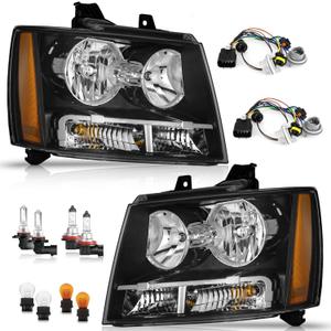 WEELMOTO Headlight for 2007-2013 Avalancha/Suburban 2500, 2008-2013 Tahoe Hybrid, 07-14 Tahoe 1500, 2012-2014 Tahoe SSV Headlamp Black Housing Clear Left+Right Side
