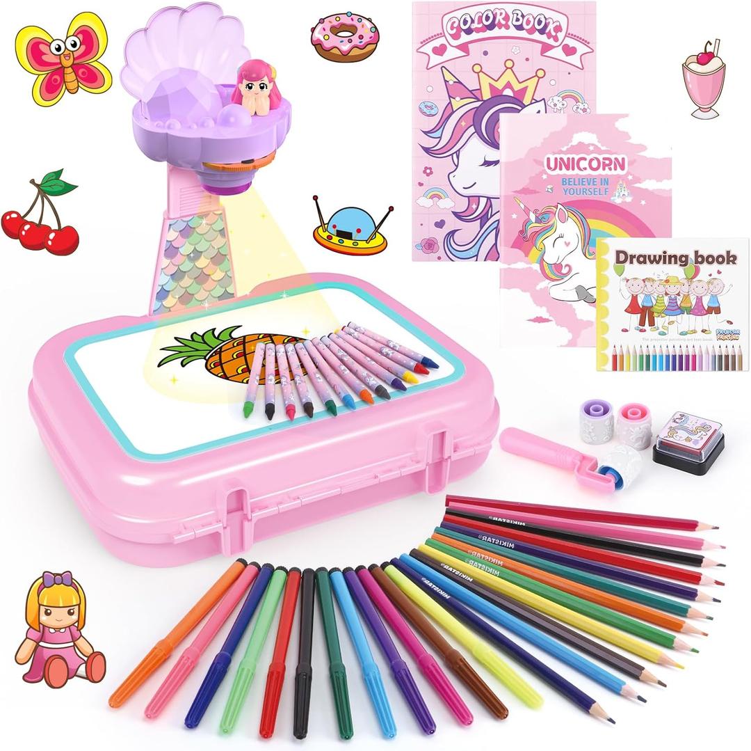 Drawing Projector for Kids, Arts and Crafts for Kids, Include Drawing Board, Crayons, Coloring Book, Stickers etc, Kids Toys for Age 3-5 Year Old Girls Christmas & Birthday Gifts (Mermaid Drawing Box)