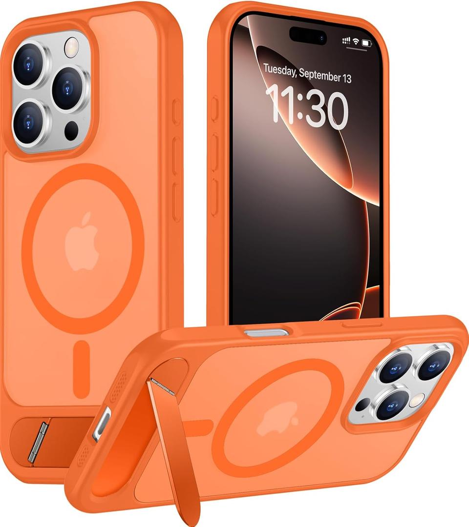 Temdan Magnetic Compatible with iPhone 16 Pro Max Case, [Built-in Invisible Kickstand][Compatible with MagSafe][Military Grade Shockproof] Slim Translucent Matte Phone Case for iPhone 16 Pro Max 6.9" (Orange)
