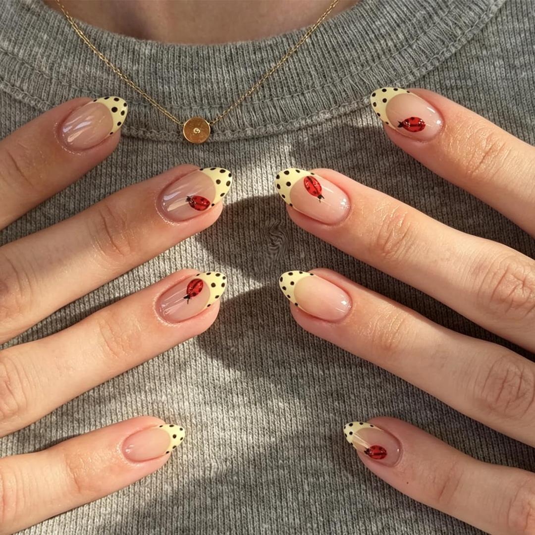 Ladybug Polka Dot Yellow French Tip Press on Nails - Medium Almond Cute Fake Nails, Spring Summer False Nails, Nude Glue on Nails for Women Manicure, Glossy Finish | 12 Sizes - 24 Pcs
