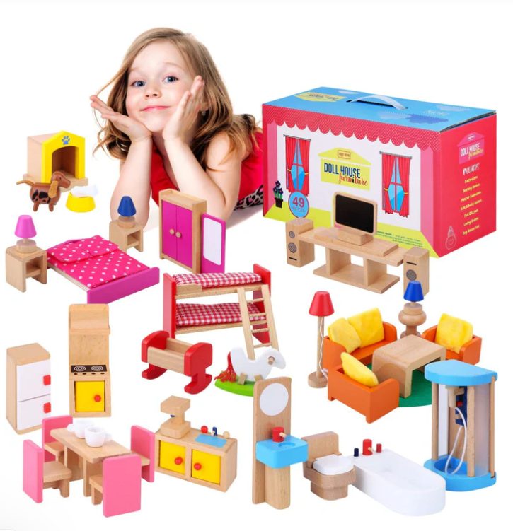 Premium Wooden Dollhouse Furniture Set –49PCS, 7 Rooms– Doll House Furniture and Accessories Set