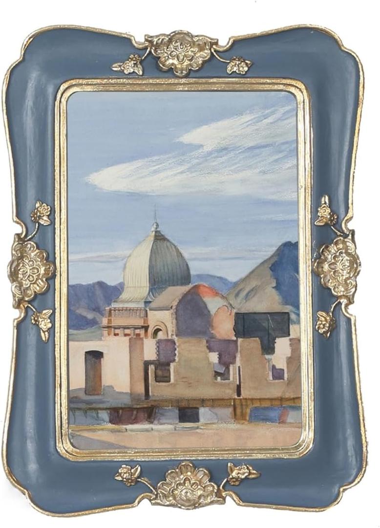 WINPLUS+ Vintage Picture Frame 5x7, Wall Mount and Tabletop Display, Art Gallery Gift (Blue and Gold 5x7)