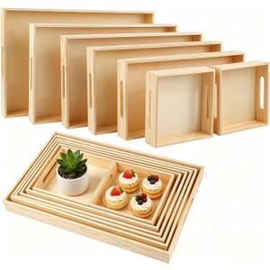 Aodaer 7 Pieces Wooden Trays, Wooden Nested Serving Trays, Rectangular Shape Wood Serving Tray with Handles for Kitchen Party Dinner Snacks