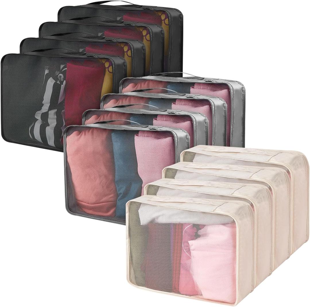 Silkfly 12 Pcs Packing Cubes for Suitcase Travel Luggage Bags Bulk Mesh Organizer Set for Hiking Camping Backpacking Clothes Accessories(Black,Gray,Beige) (XL)