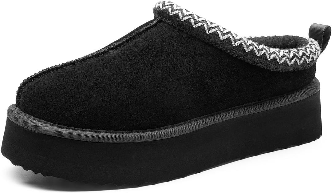 DREAM PAIRS Women's Slippers for Women Genuine Suede Platform Cozy FuzzyEasy Women's Platform Slip-on Slippers Winter Fluffy Warm Comfy Furry Shoes for Outdoor Indoor House (9, Black)