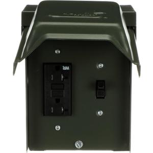 MIDWEST U010S010GRP Power Outlet with Switch  20 Amp Backyard Outlet with Switch and GFI Receptacle  Weather-Resistant  GFCI Safety Circuit  Green Outdoor Metal Enclosure
