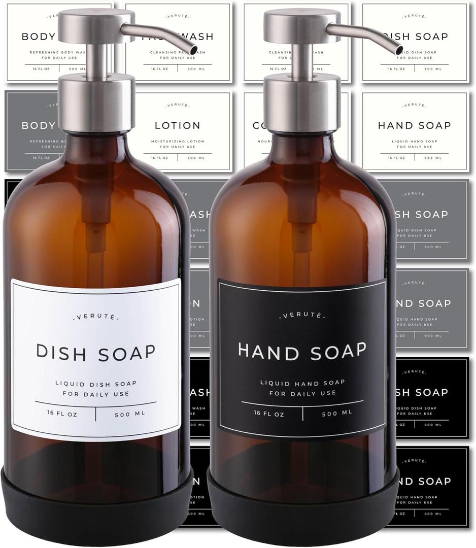 Hand and Dish Soap Dispenser for Kitchen and Bathroom, Set of 2 16 Oz Glass Bottles, Stainless Steel Pumps, Non-Slip Silicone Base, 27 Waterproof Labels (Amber Bottle/Brushed Silver Pump)