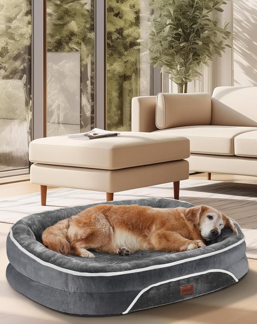 OhGeni Orthopedic Dog Couch Large Sized Pet Beds for Mothers Gifts with Comfort Foam Support, Soft Indestructible Fabric, Machine Washable Waterproof Removable Cover, 35-Inch (Gray) (Large (35 x 28 x 6 Inch), 01-Gray)