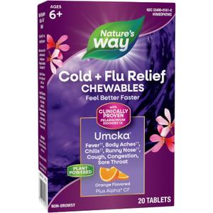 Nature's Way Cold+Flu Relief Chewables, Umcka, Shortens Duration & Reduces Severity, Multi-Symptom Relief, Homeopathic, Non-Drowsy, Orange Flavored, 20 Chewable Tablets (Packaging May Vary)