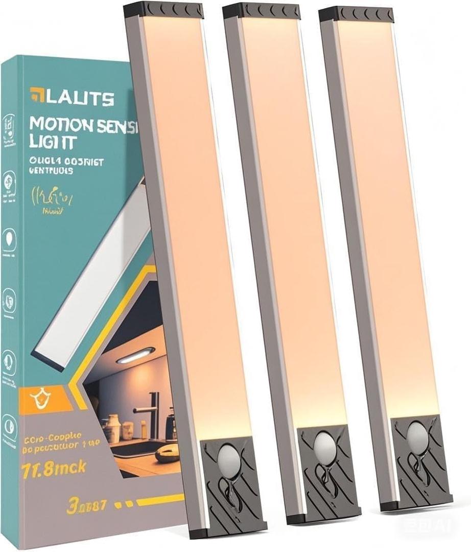 Under Cabinet Lighting, Equipped with Motion Sensor, Rechargeable Battery Operated3-Level Adjustable Brightness, 3 Pack Magnetic Under Counter Lights for Kitchen, Warm Light 11.8"