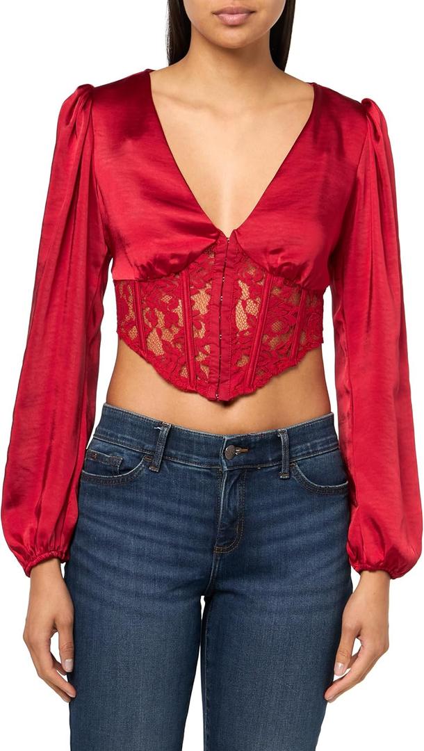Forever 21 womens Satin & Lace Corset Crop Top (X-Small, Red)