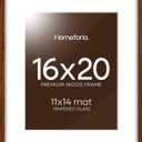 Homeforia 16x20 Picture Walnut Frame, High End Dark Oak 16x20 Wooden Brown Frames with Mat 11x14, 16 x 20 Wood Poster Frame Matted to 11 by 14, 20x16 Hanging Frames, Tempered Glass, Wall Kit, Set of 1