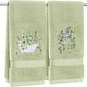 2 Pcs Eucalyptus Hand Towels for Bathroom Decorative Sage Green Eucalyptus Towel Embroidered 100% Cotton Green Leaves Hand Towels 13.4x29Inch for Bathroom Kitchen Décor (Green, Eucalyptu)