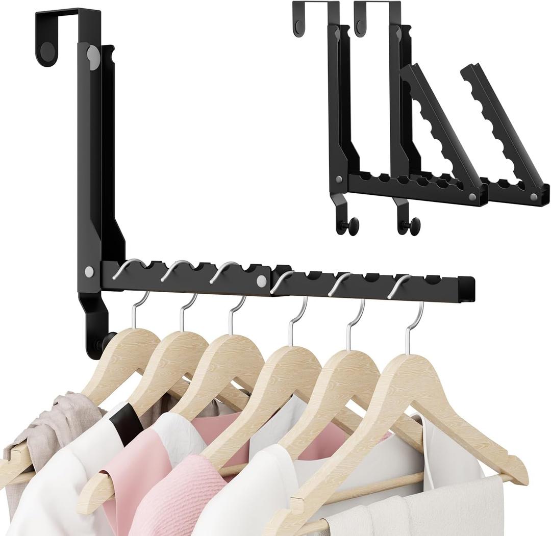 BAKON 2 Pack Heavy Duty Over the Door Hooks, Compact 10 Ridges Double Folding Over the Door Clothes Hanger, Space Saving Over the Door Drying Rack for Laundry Bedroom, Rustproof & Waterproof(Black)