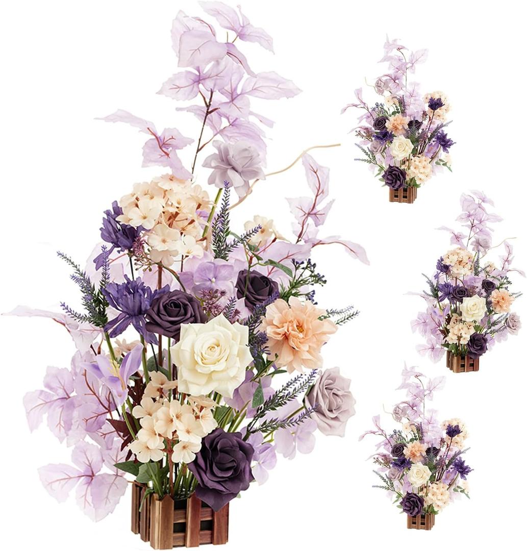 Ling's moment 17.5" Tall Standing Artificial Flowers Arrangements 4 pcs Wedding Aisle Runner Chair Decorations French Lavender Plum Centerpieces Ceremony Reception Rose Floral Party Outdoor