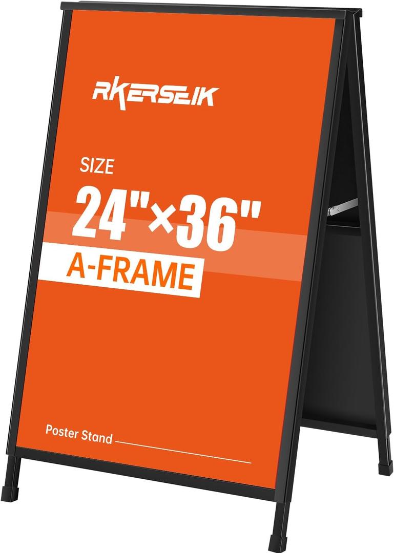 Heavy Duty A-Frame Sidewalks SignsSandwich Board Black Coated Steel Metal Portable Double-SidedSlide-in Folding with 2 Corrugated Plastic Poster Boards (2436 Double Side with 2 Plastic Board)