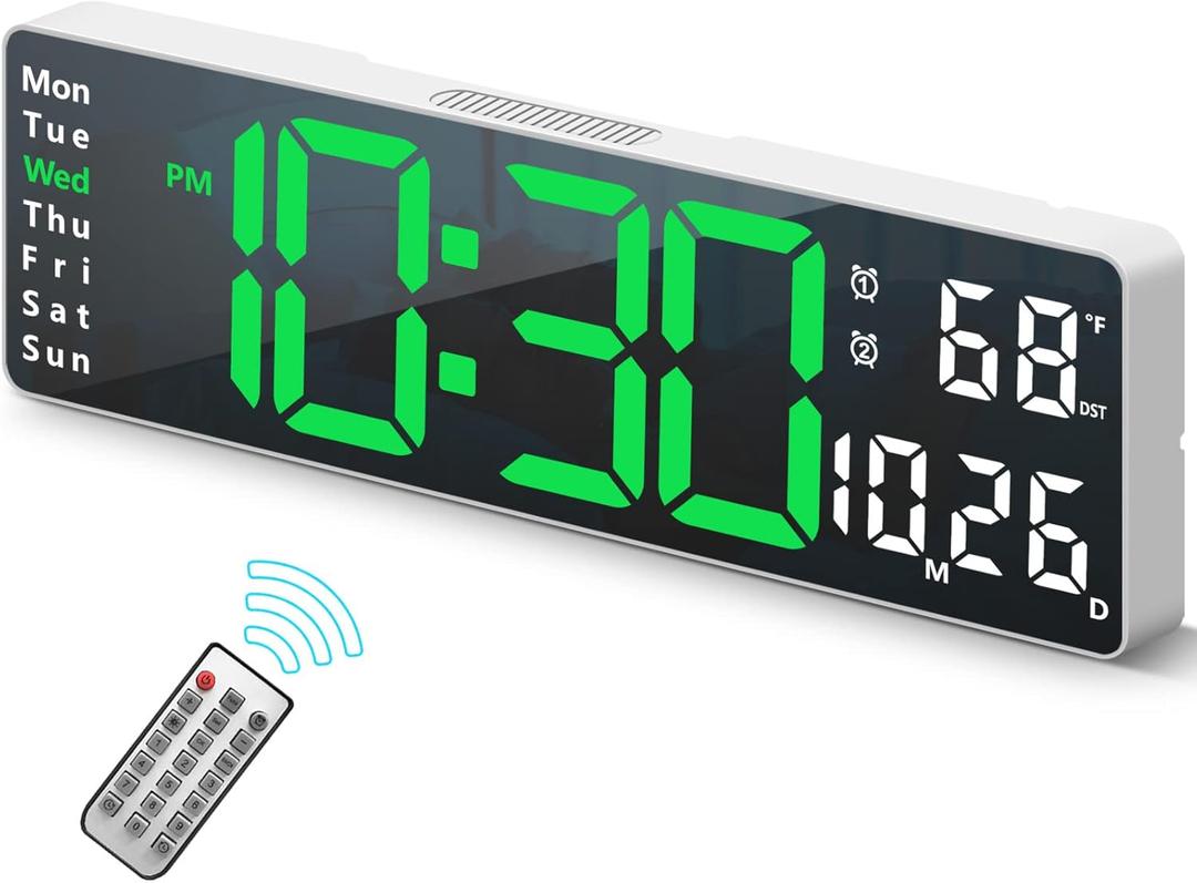 Digital Clock, Digital Wall Clock for Living Room Decor, Desk Alarm Clock for Bedroom, Large Wall Clock with Remote Control, Automatic Brightness Dimmer LED Clock with Date Temperature Week (Green-W)