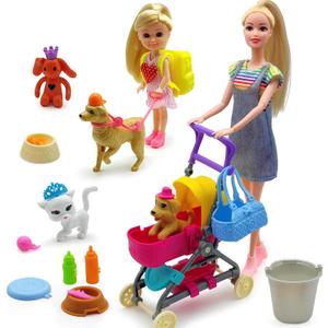 Dolls & Accessories Playset with Doll Transforming Stroller Dog Pet for Girls Ages 3-5-7-12 Birthday Gifts