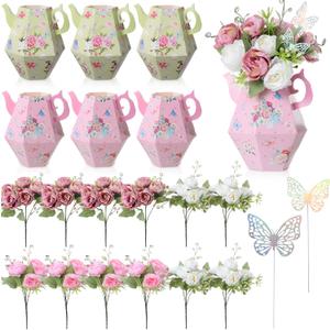Daifunli 6 Sets Tea Party Princess Decorations Flower Boxes Afternoon Teapot Centerpieces for Table Teapot Vase Table Decor Baby Shower Birthday Supplies Floral Tea Themed Wedding Party Favor